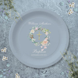 Rozenkrans Doop Christening Stof Blauw Papieren Bordje