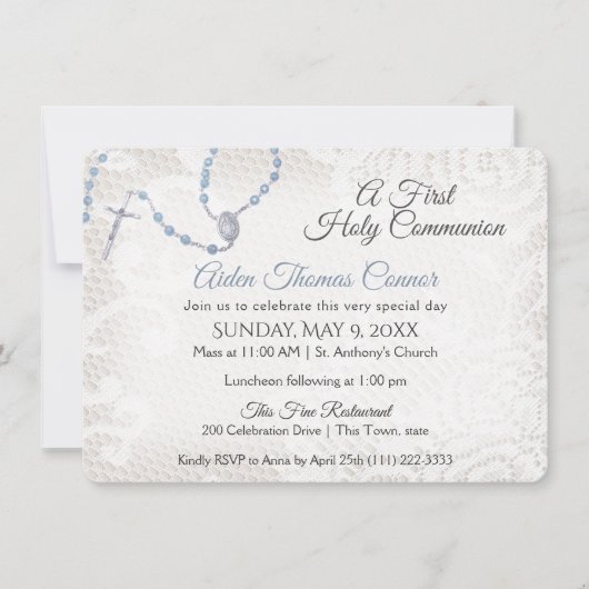 Rozenkrans en kant eerste communie blauw kaart (Voorkant)