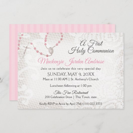 Rozenkrans en kant eerste communie roze kaart (Voorkant / Achterkant)