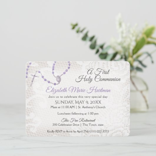 Rozenkrans en kant Eerste Communie Violet Kaart (Staand voorkant)