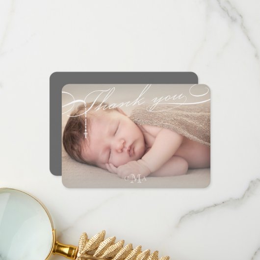 Rozenkruis Monogram Script Foto Religieus Bedankkaart (Voorkant / Achterkant in situ)