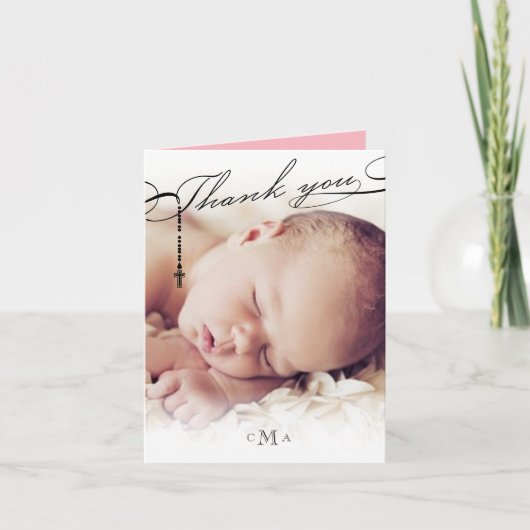 Rozenkruis Monogram Scripted Foto Religieus Bedankkaart (Voorkant)