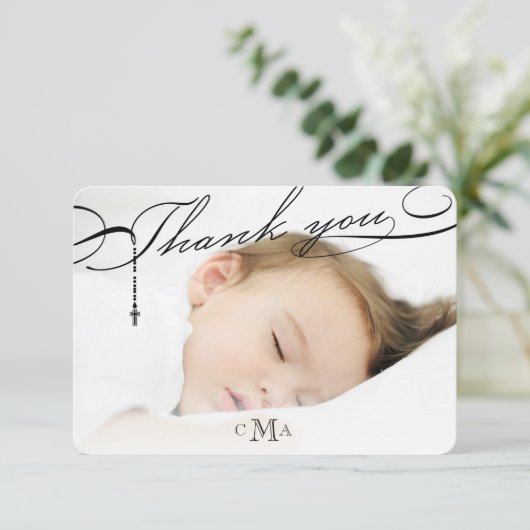 Rozenkruis Monogram Scripted Foto Religieus Bedankkaart (Staand voorkant)