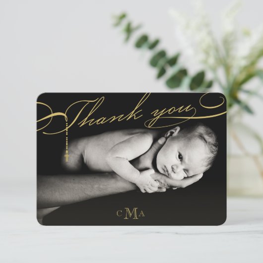 Rozenkruis Monogram Scripted Foto Religieus Bedankkaart (Staand voorkant)