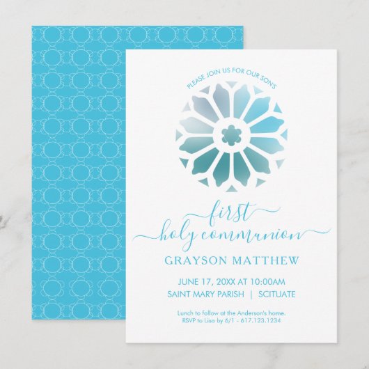 Rozet, Blauwe Eerste Heilige Communie Uitnodiging (Voorkant / Achterkant)