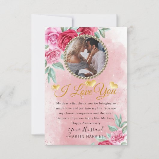 Rozige Bloemige Foto Huwelijksjubileum Kaart (Voorkant)