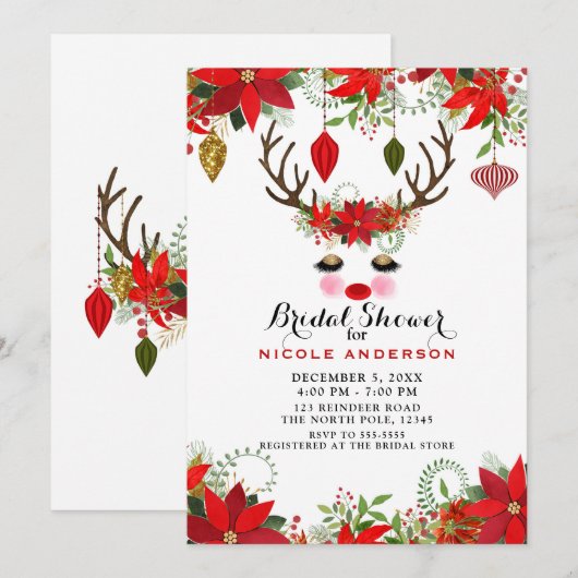 Rozige Wangen Goud Ogen Rendier Bruidsfeest Party Kaart (Voorkant / Achterkant)