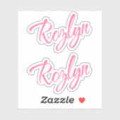 Rozlyn naam roze cursieve doopvont x2 sticker (Vel)