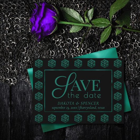 RPG Dice | Emerald Fantasy tafelblad Retro Gamer Save The Date