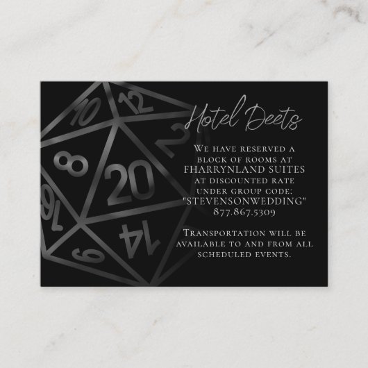 RPG Dice | Fantasy Tabletop Gamer Hotel Details Informatiekaartje (Voorkant)