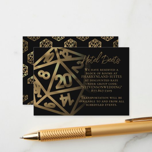 RPG Dice | Gold Fantasy Tabletop Gamer - Gegevens Informatiekaartje (Voorkant / Achterkant in situ)