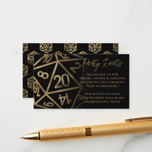 RPG Dice | Gold Fantasy Tafelblad Gamer Receptie Informatiekaartje (Voorkant / Achterkant in situ)