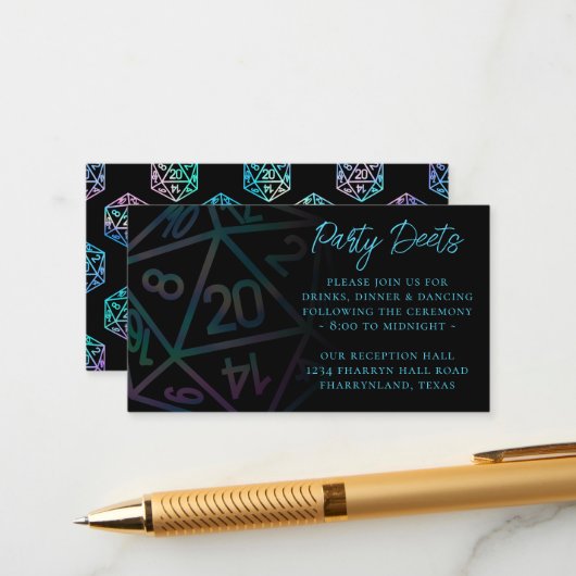 RPG Dice | Holo Fantasy Tafelblad Gamer Receptie Informatiekaartje (Voorkant / Achterkant in situ)