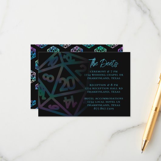 RPG Dice | Holo Fantasy Tafelblad Gastgegevens Informatiekaartje (Voorkant / Achterkant in situ)