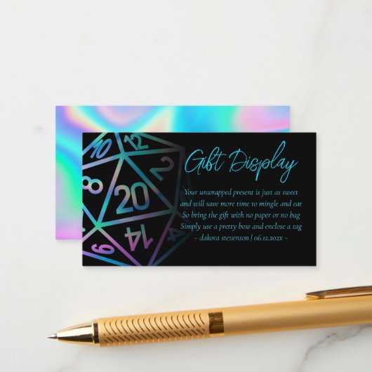 RPG Dice | Holo Fantasy tafelblad geschenken te zi Informatiekaartje (Voorkant / Achterkant in situ)