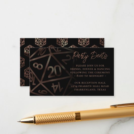 RPG Dice | Koper Fantasy Tafelblad Gamer Receptie Informatiekaartje (Voorkant / Achterkant in situ)