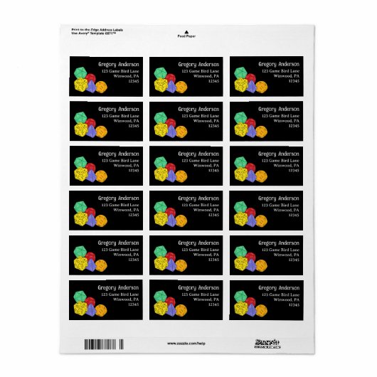 RPG Gaming Dice, Board, Fantasy Games Address Etiket (Full Sheet)