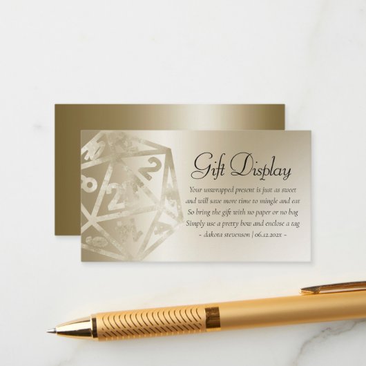 RPG Luxe | Gouden Tafelblad Gamer Dice Gift Displa Informatiekaartje (Voorkant / Achterkant in situ)