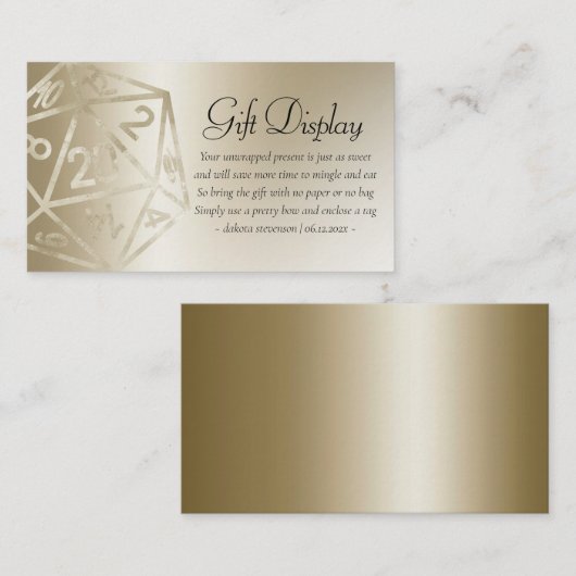 RPG Luxe | Gouden Tafelblad Gamer Dice Gift Displa Informatiekaartje (Voorkant / Achterkant)