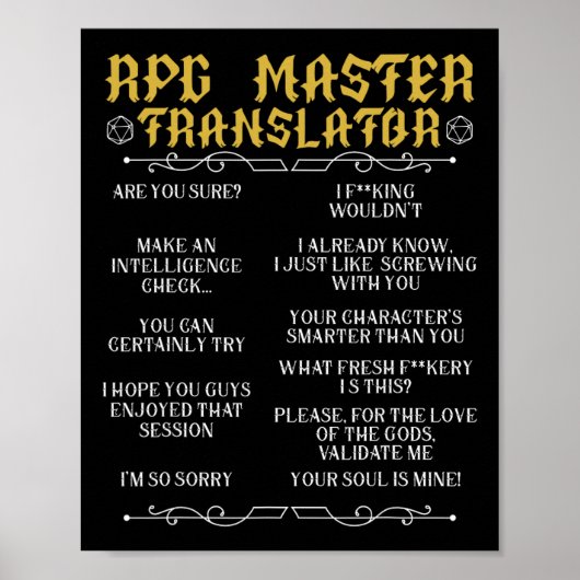 Rpg Master Vertaler D20 Tafelbladspellen Grappige Poster (Voorkant)