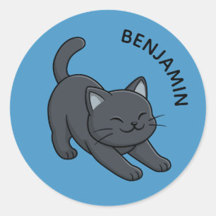 Rrekkende Zwarte Kat op Blauwe Aangepaste Naam Ronde Sticker