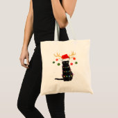Rrendierzwarte kat Santa Hat Kerstmis L Tote Bag (Voorkant (product))