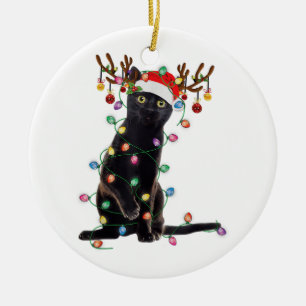 Rrendierzwarte kerst verlicht de grappige kattenli keramisch ornament