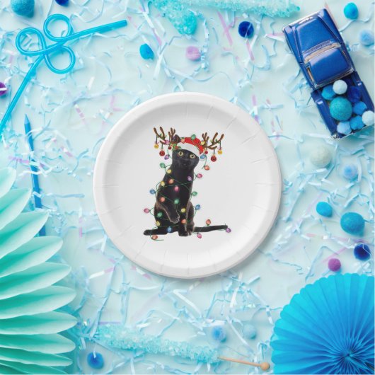 Rrendierzwarte kerst verlicht de grappige kattenli papieren bordje (Feest)