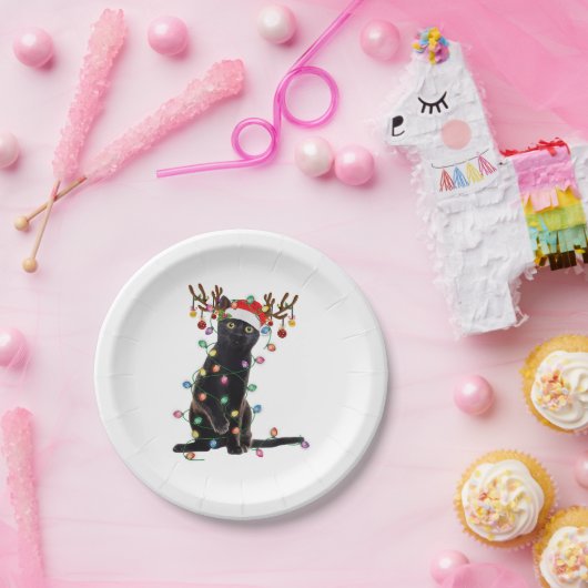 Rrendierzwarte kerst verlicht de grappige kattenli papieren bordje (Feest)