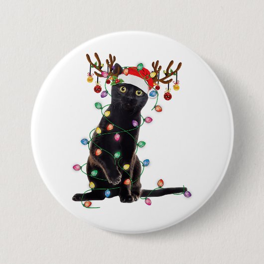 Rrendierzwarte kerst verlicht de grappige kattenli ronde button 7,6 cm (Voorkant)