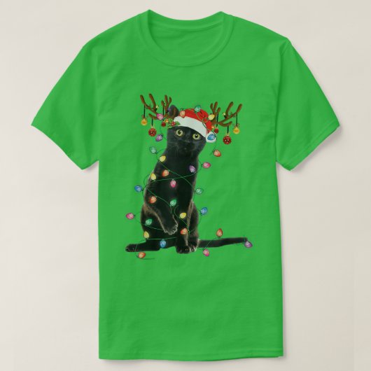 Rrendierzwarte kerst verlicht de grappige kattenli t-shirt (Design voorkant)