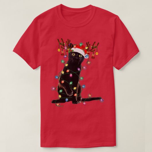 Rrendierzwarte kerst verlicht de grappige kattenli t-shirt (Design voorkant)