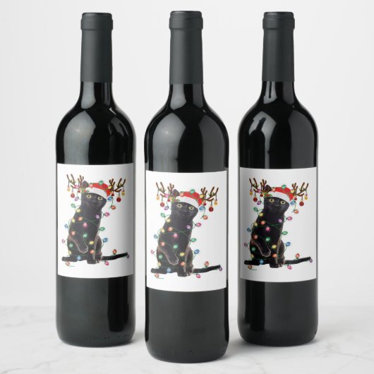 Rrendierzwarte kerst verlicht de grappige kattenli wijn etiket (Flessen)