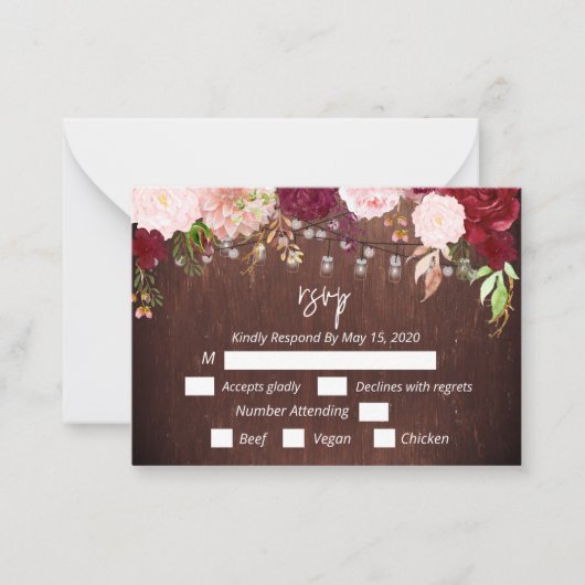 RSSVP Burgundy Flower Wood Mason Jar Lights Postca Notitiekaartje (Voorkant)