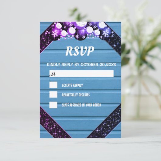 Rstic Blue Wood Paars Glitter Bright Bulb Light RSVP Kaartje (Staand voorkant)