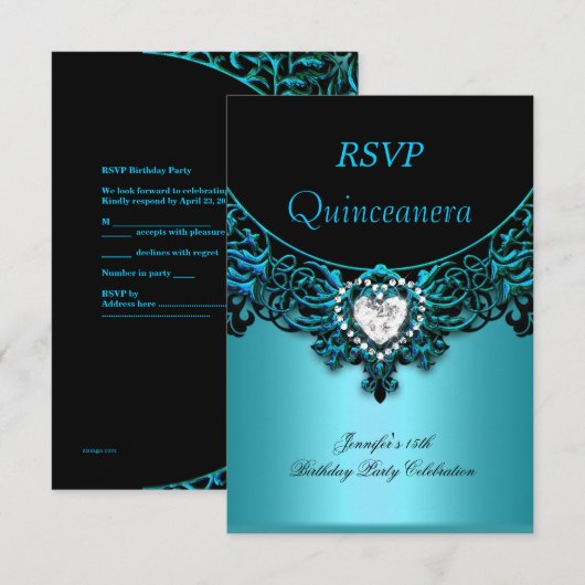 RSVP 15e Quinceanera Aqua Blue Blauwgroen Zwarte D (Voorkant / Achterkant)