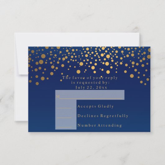 RSVP 2  Marineblauwe & Confetti Gouden Stip Huweli (Voorkant)