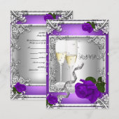 RSVP 40e verjaardagsfeest Paarse Roos Zilver Kaartje (Voorkant / Achterkant)