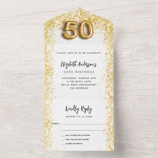 RSVP 50e verjaardag witte gouden feest All In One Uitnodiging (Binnen)