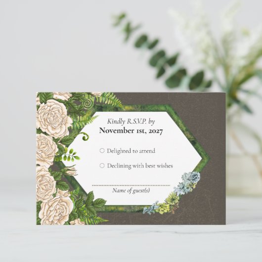 RSVP Aardse rustieke roos varen kaart met korstmos (Staand voorkant)