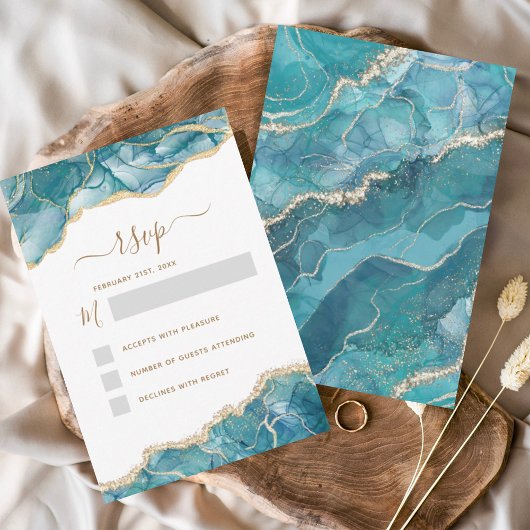 RSVP Agaat Turquoise Blauwgroen Gouden Bruiloft Kaart