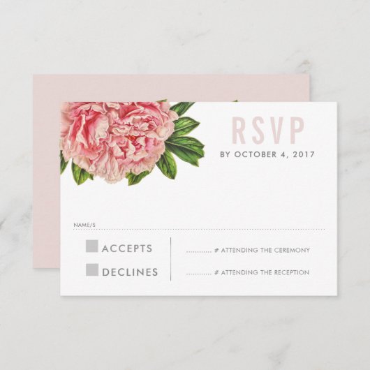 RSVP ANTWOORD CHIQUE roze bloemige pioenbloem (Voorkant / Achterkant)