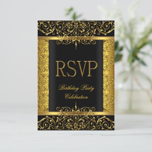 RSVP antwoord Damask Zwart Goud op Goud (Staand voorkant)