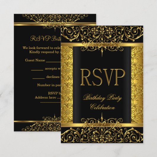 RSVP antwoord Damask Zwart Goud op Goud (Voorkant / Achterkant)