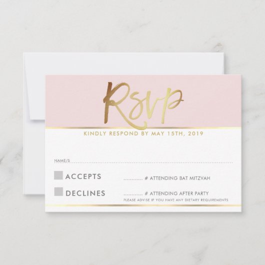 RSVP ANTWOORD KAART bord blush roze gouden script (Voorkant)