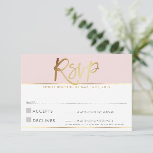 RSVP ANTWOORD KAART bord blush roze gouden script (Staand voorkant)