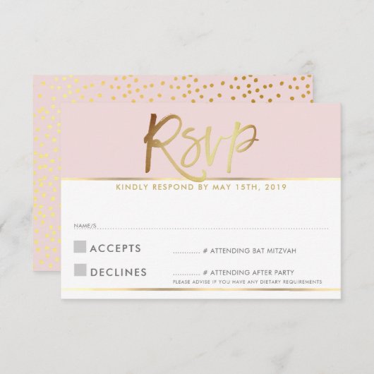 RSVP ANTWOORD KAART bord blush roze gouden script (Voorkant / Achterkant)