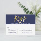 RSVP ANTWOORD KAART faux goudtype marineblauw (Staand voorkant)