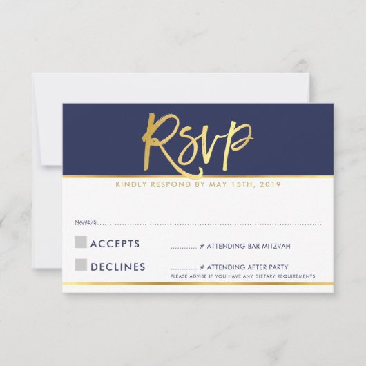 RSVP ANTWOORD KAART modern marineblauw goud schrij (Voorkant)