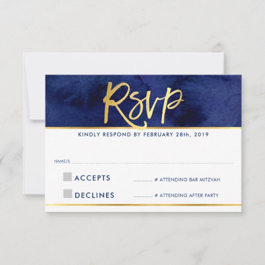 RSVP ANTWOORD modern blauwe aquarel gouden schrift (Voorkant)